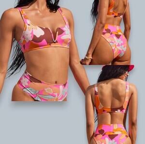 Aerie Floral Bikini Set V-Wire Scoop Top High Cut Cheeky Bottom M Top XL